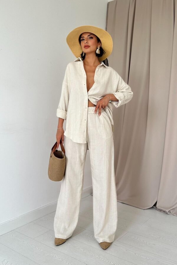 Ensemble Chemise Et Pantalon En Nid D'abeille Jacquard - Beige